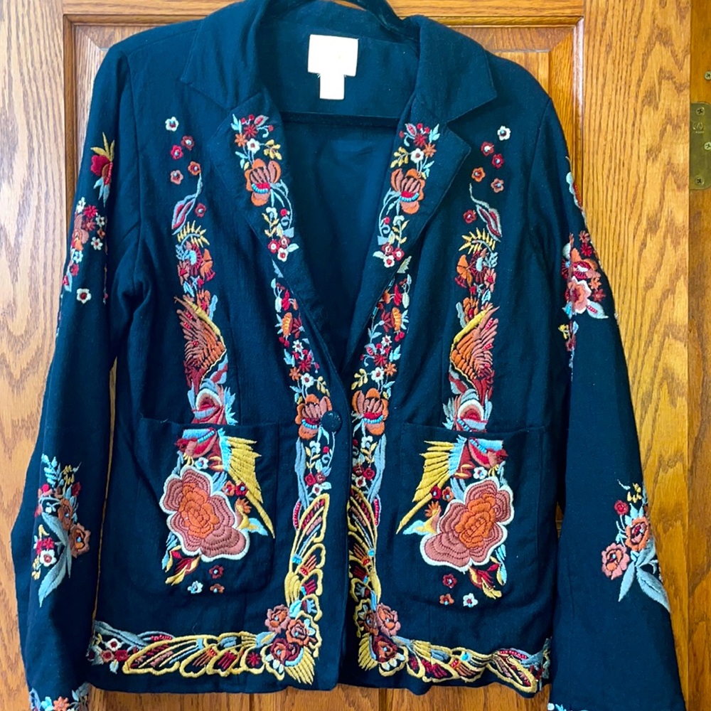 MAEVE Anthropologie jacket blazer 10 Black with Embroidery